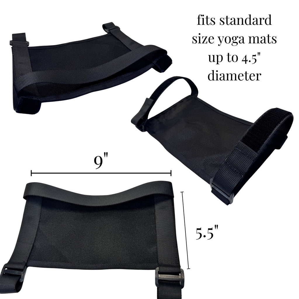 Black ripstop fabric mat holder with adjustable straps, 9 by 5.5 inches, fits yoga mats up to 4.5-inch diameter.