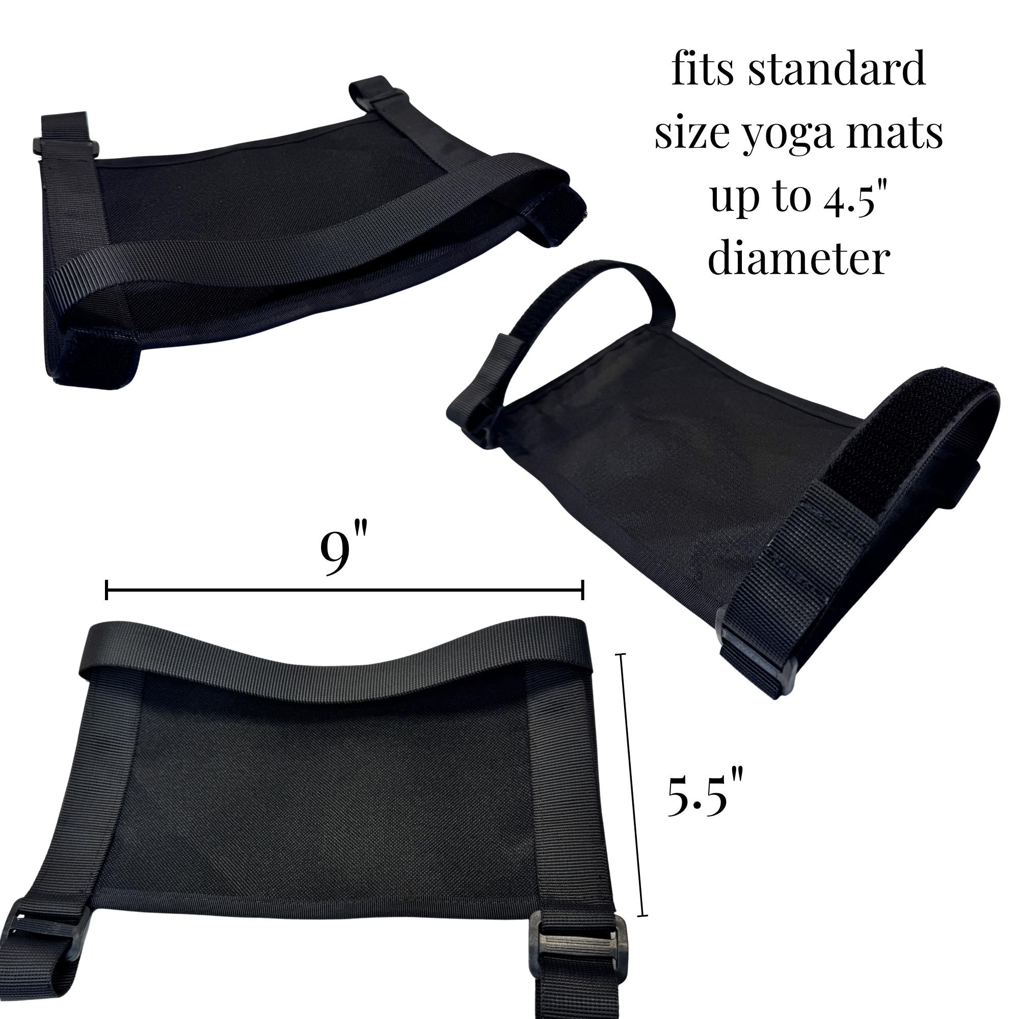 Black ripstop fabric mat holder with adjustable straps, 9 by 5.5 inches, fits yoga mats up to 4.5-inch diameter.