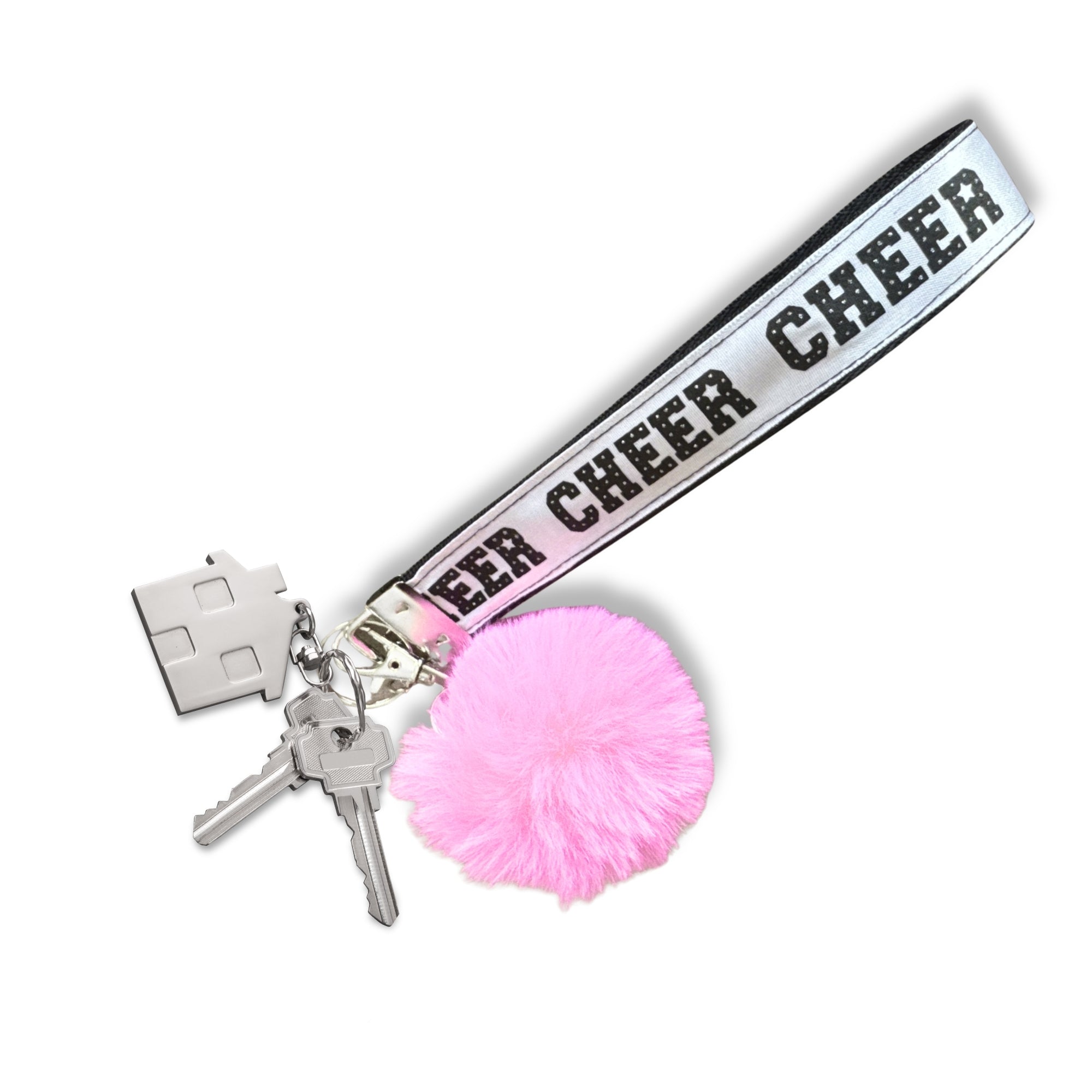 Cheer bag key tag with white strap and black "CHEER" text, pink pom-pom charm attached.