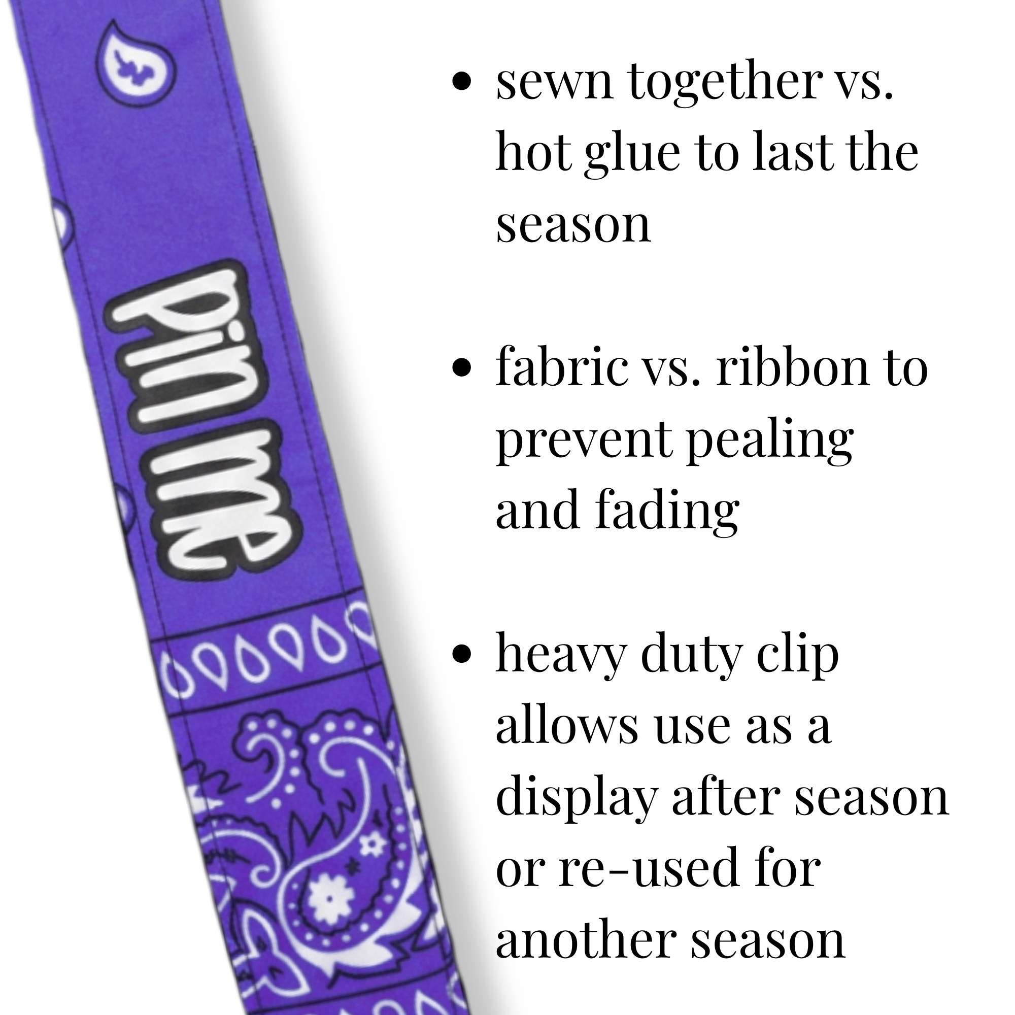 Purple cheer wristlet with "pin me" text, paisley pattern, and heavy duty clip.
