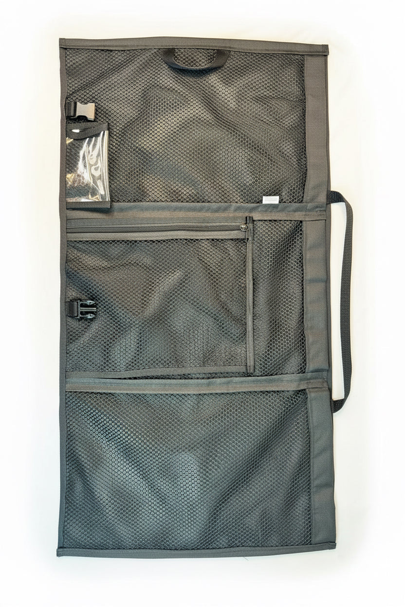 Black foldable sports bag organizer with mesh zippered compartments and carrying handle.