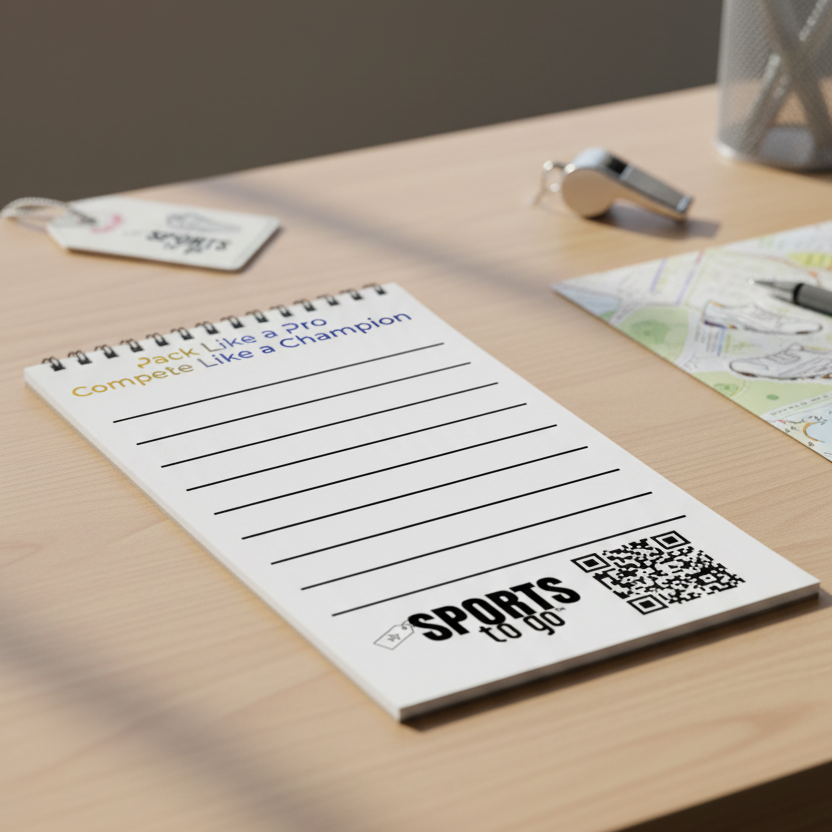 A white sports bib or lined writing sheet with the text 'Pack Like a Pro Compete Like a Champion' at the top, multiple horizontal black lines in the center, and the 'SPORTS to go' logo with a QR code at the bottom.