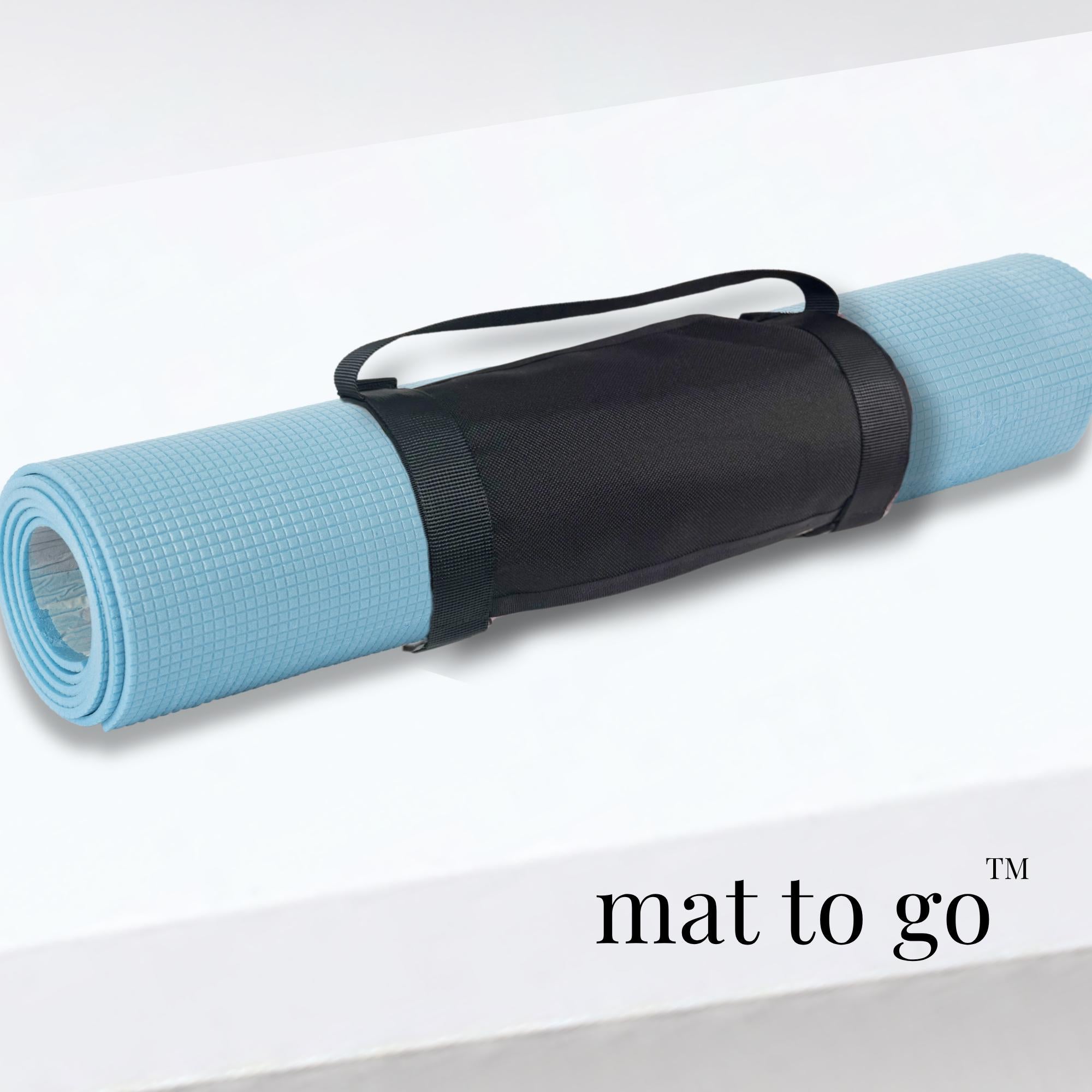 Black ripstop canvas bag holding rolled blue yoga or skate mat, convenient for cheer or competition use.
