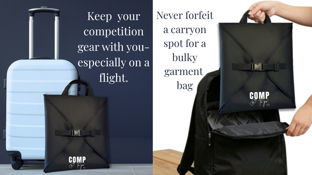 Black compact cheer garment bag with COMP logo, designed to fit easily in carry-on luggage or on backpack straps.
