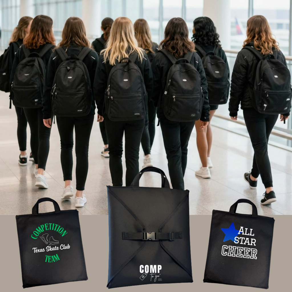 Group of people walking with black backpacks in a modern building, with additional black bags displayed below.