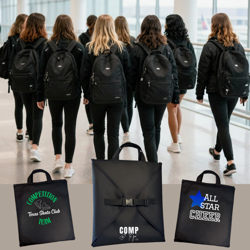 Group of people walking with black backpacks in a modern building, with additional black bags displayed below.