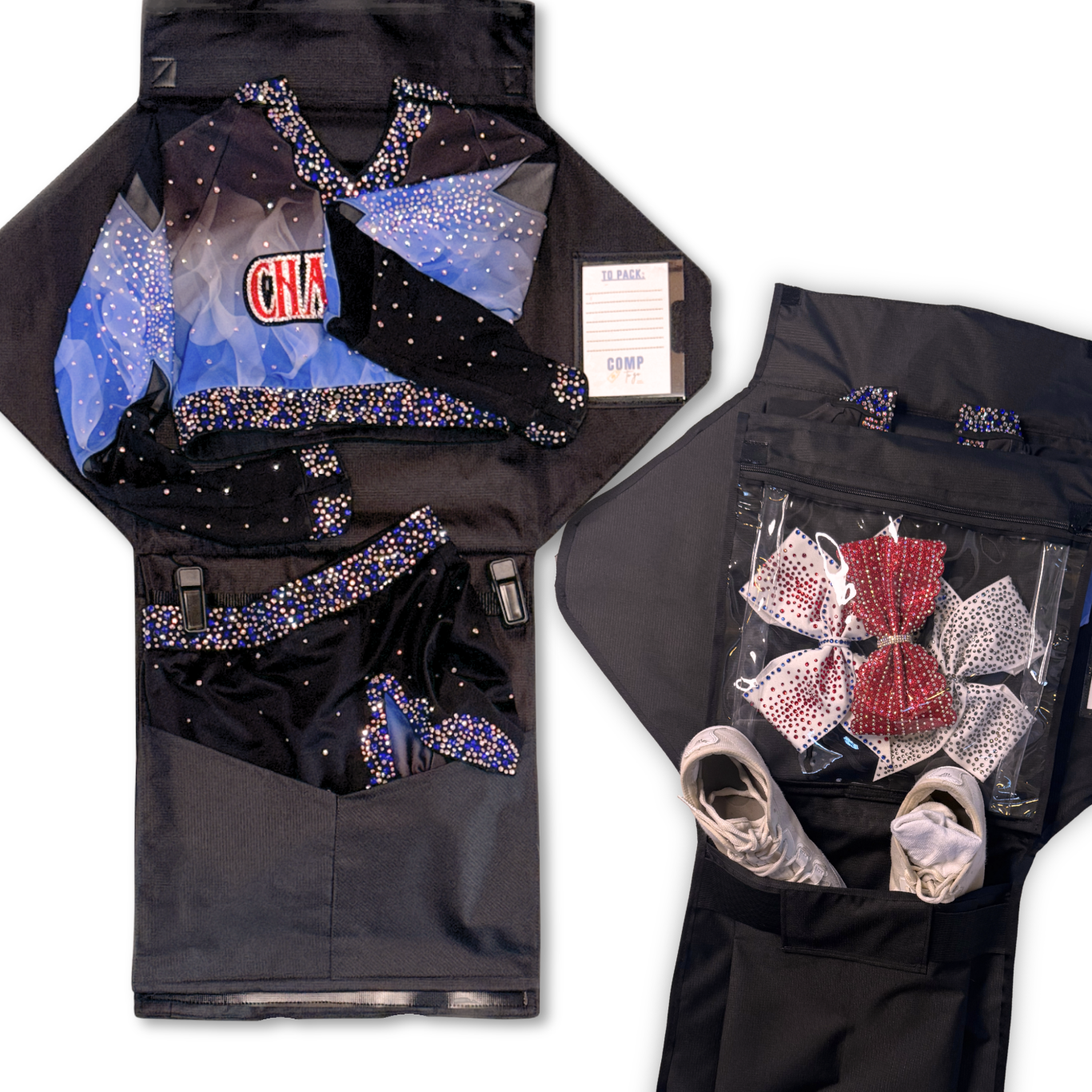 Black cheer competition bag with multiple compartments, mesh pocket organizing bows and shoes.