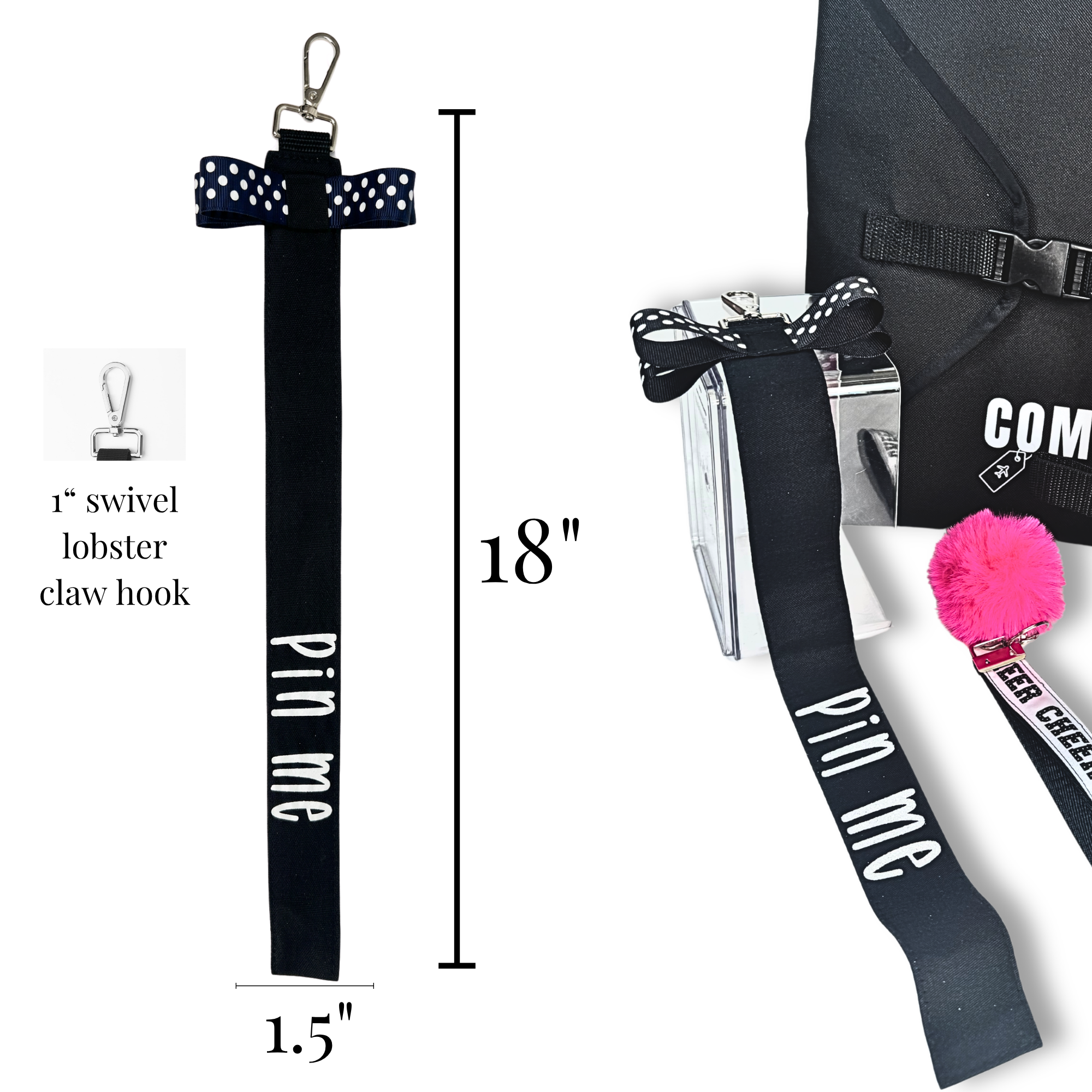 Black cotton cheer pin me ribbon with white text and polka dot bow, 18 inches long with swivel lobster claw hook.