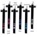 Set of six black cheer pins with polka dot bows in red, dark pink, light purple, blue, turquoise, and white colors, each.