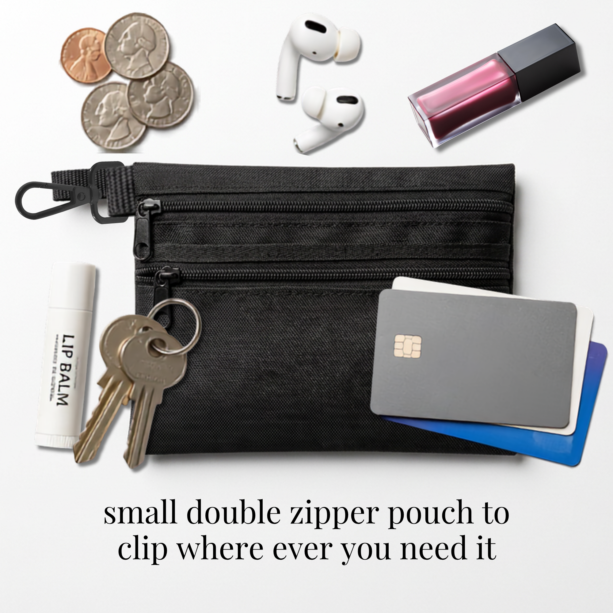 Compact black double-zipper pouch with clip, ideal for cheer or skate competition essentials.
