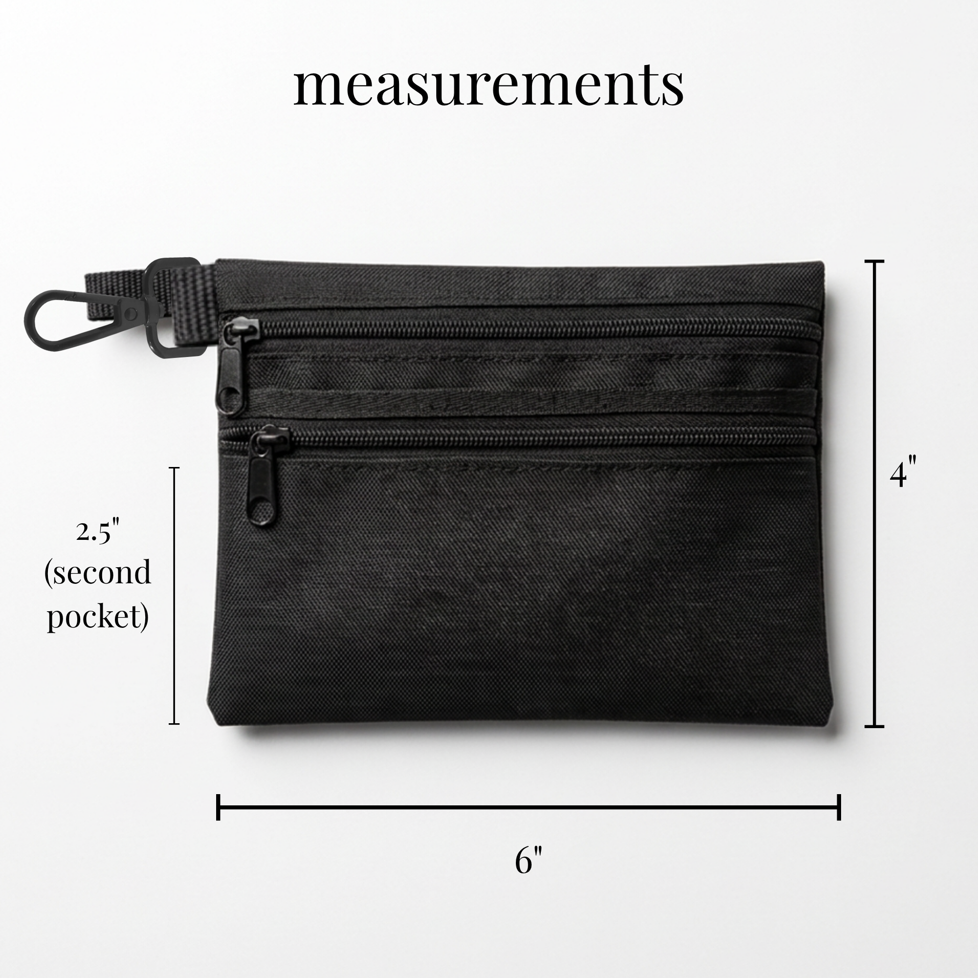 Black cheer and skate accessory bag with two zippered pockets and clip, 6x4 inches.