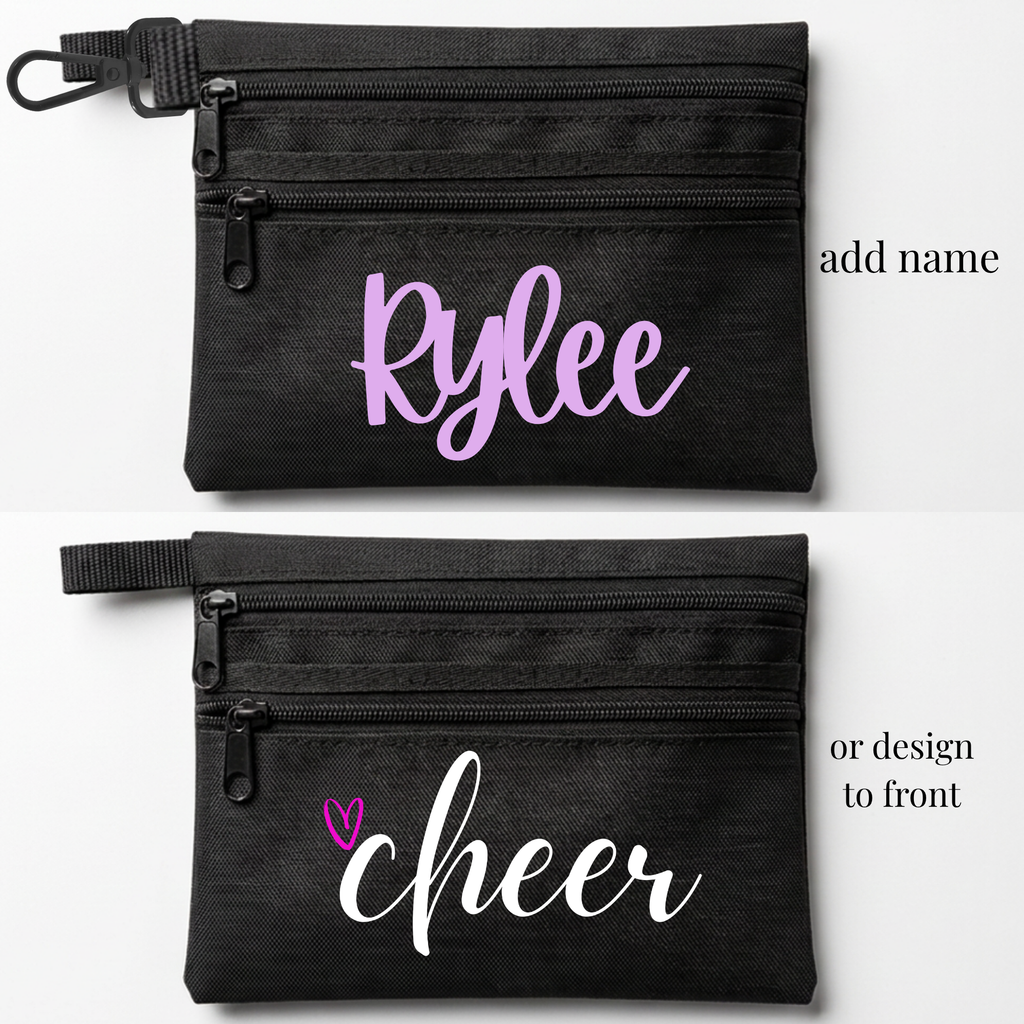 Black zippered cheer and skate competition bag with purple name "Rylee" and white "cheer" text with heart detail.