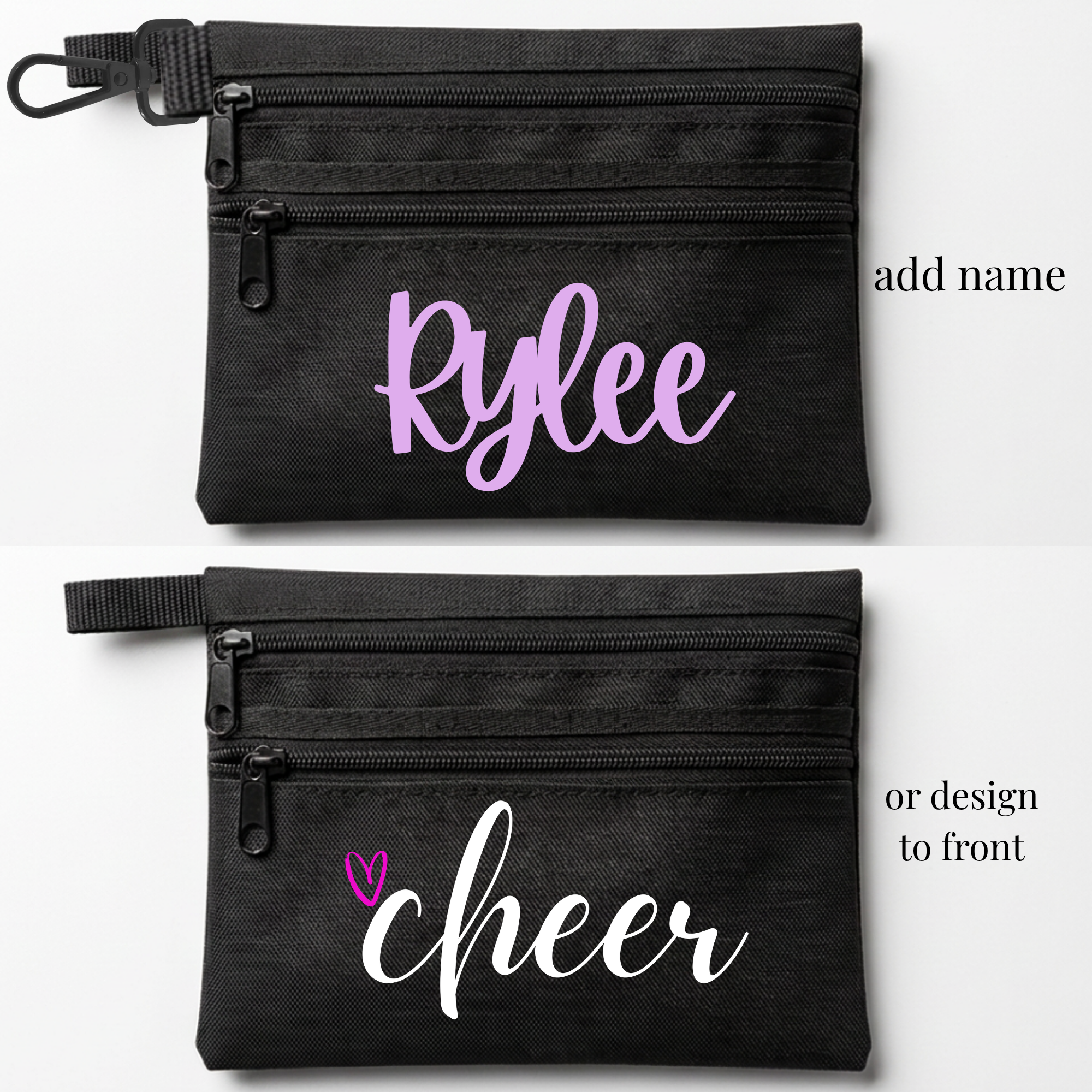 Black zippered cheer and skate competition bag with purple name "Rylee" and white "cheer" text with heart detail.