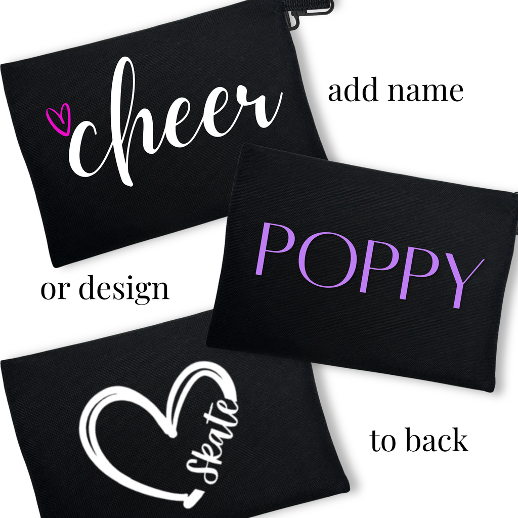 Black cheer and skate bag with customizable name or design, featuring cheer and skate text and a heart motif.