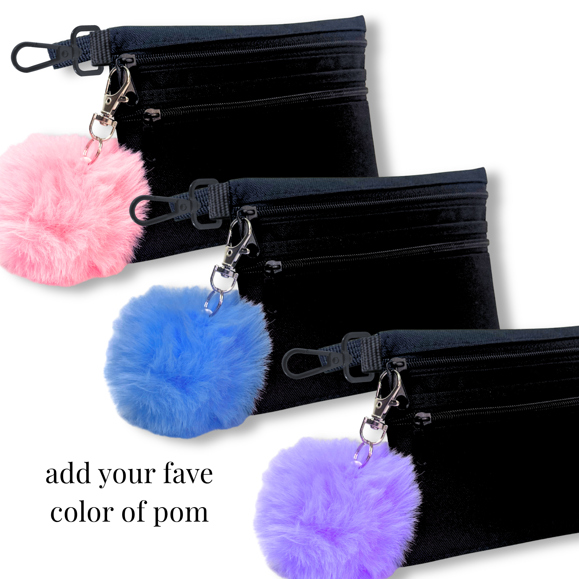 Black zippered skate bag with detachable pink, blue, or purple fluffy pom pom keychain clip.