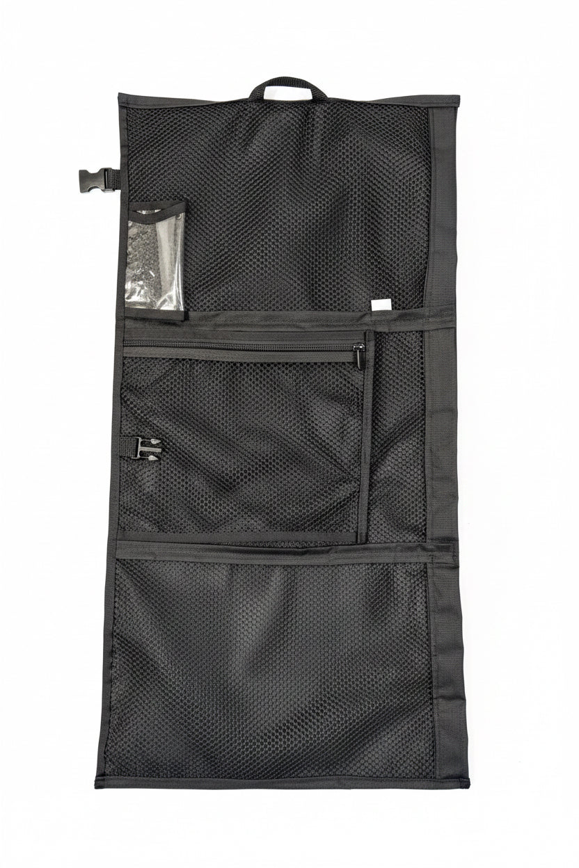 Black rectangular sports gear bag with multiple zippered compartments and a small clear ID pocket at the top.