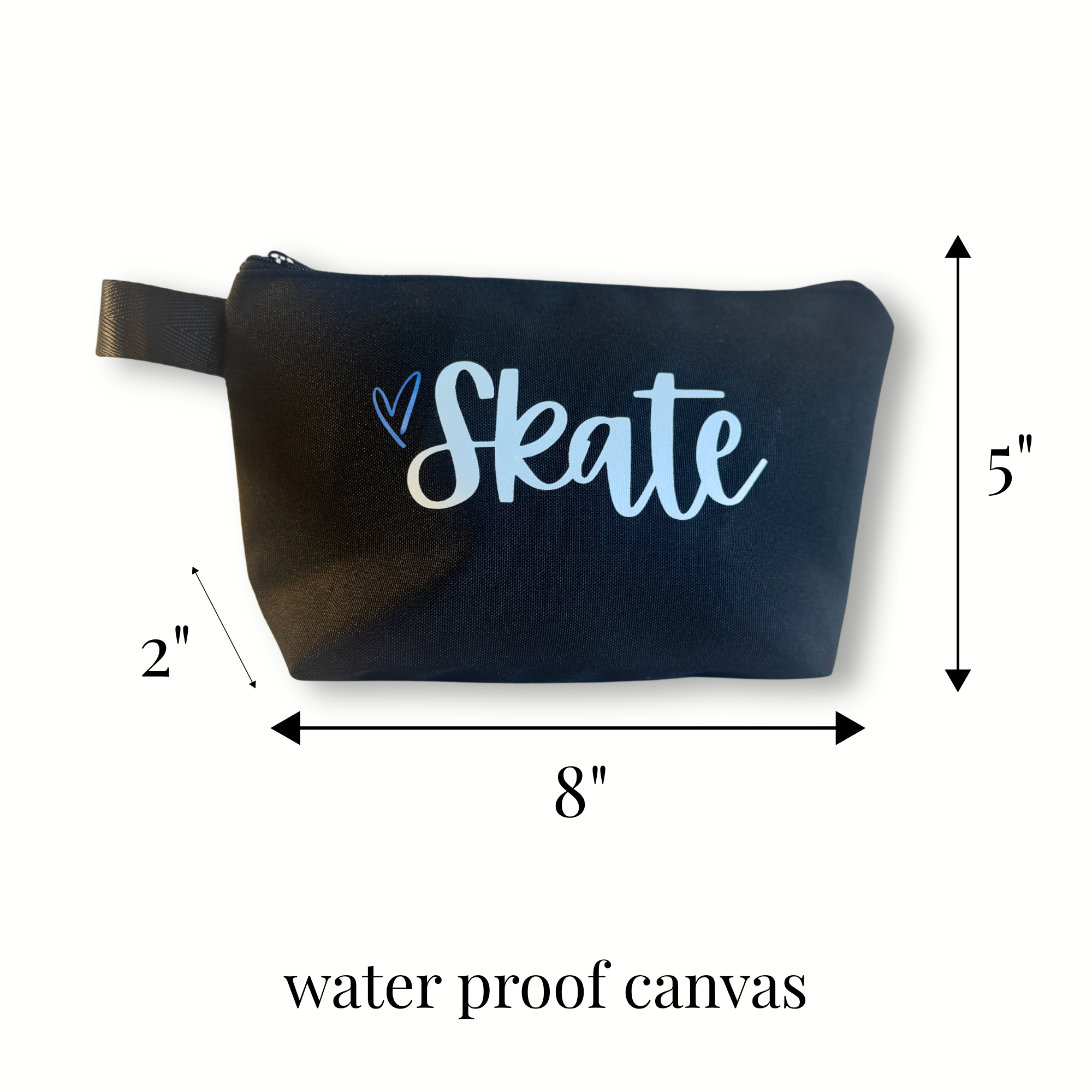 Black waterproof canvas bag with white "Skate" text and blue heart, measuring 8x5x2 inches.
