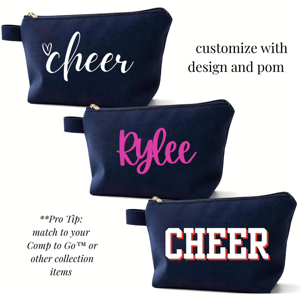 Navy blue zippered cheer and skate bag with white "cheer," pink personalized "Rylee," and bold white-orange "CHEER" designs.