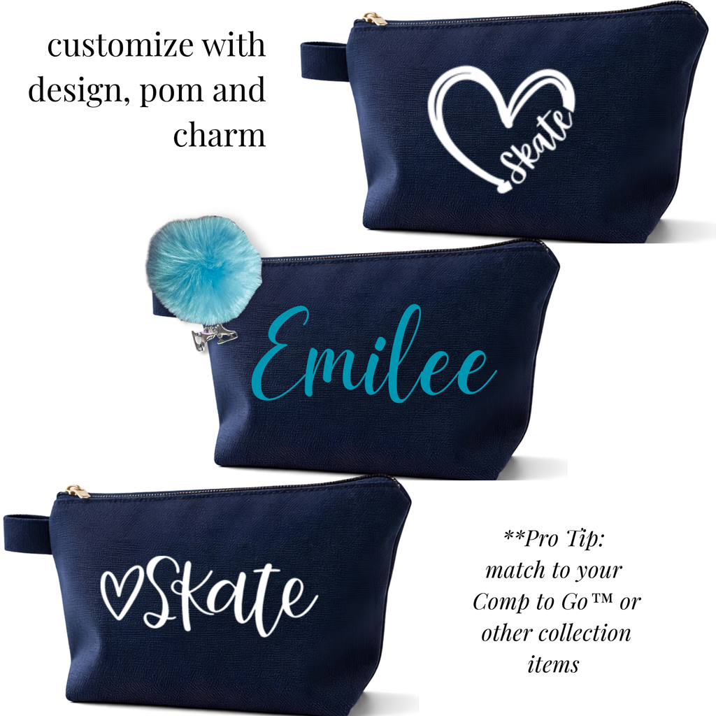 Navy blue rectangular skate bag with white heart and “Skate” text, customizable with name, pom, charm, and zipper closure.