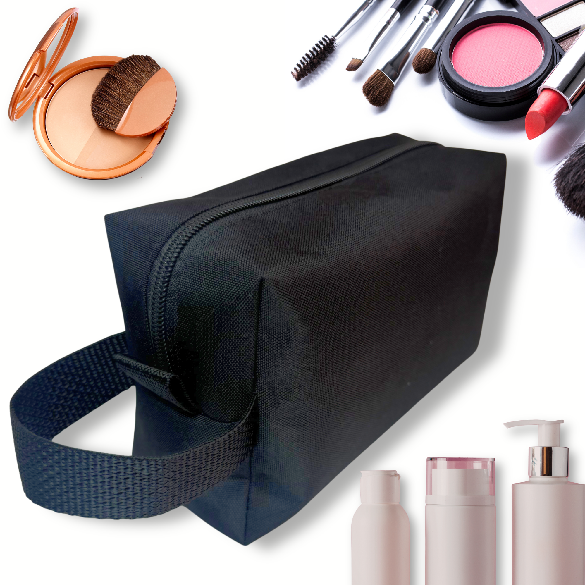 Black rectangular cheer and skate competition bag with zip and side handle, surrounded by makeup items.