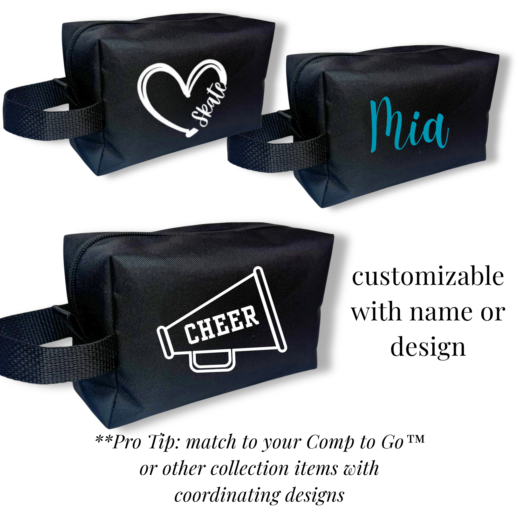Black rectangular cheer competition bag with handle, white heart and megaphone designs, customizable name in teal script.