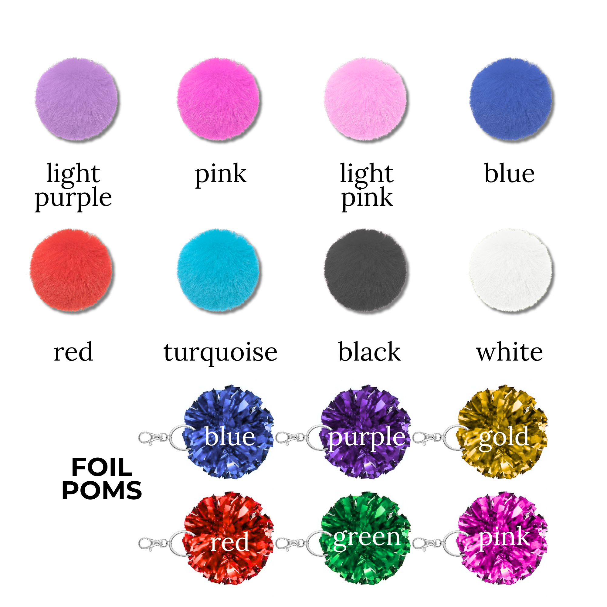 Colorful round pom key tags in light purple, pink, light pink, blue, red, turquoise, black, white, and foil finishes for.