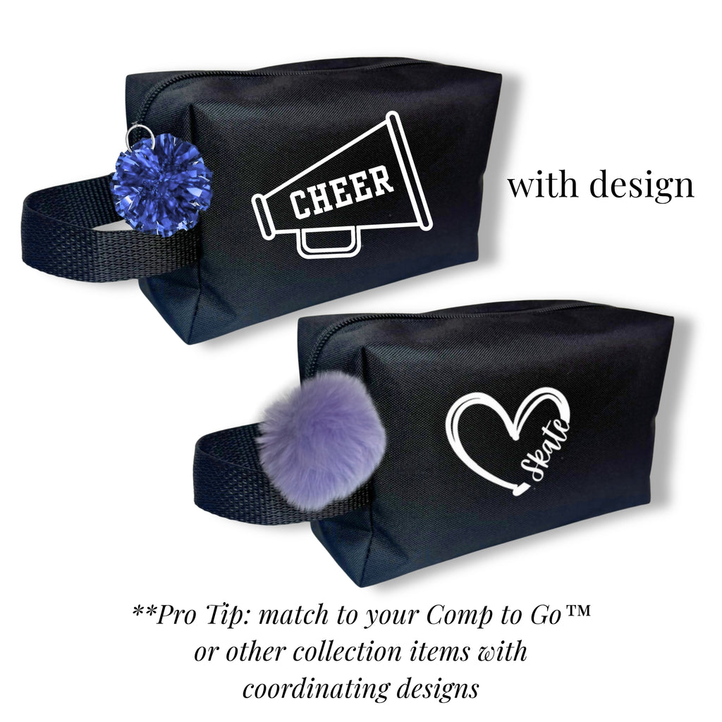 Black rectangular cheer bag with white megaphone and heart designs, featuring pom-pom bag tags.