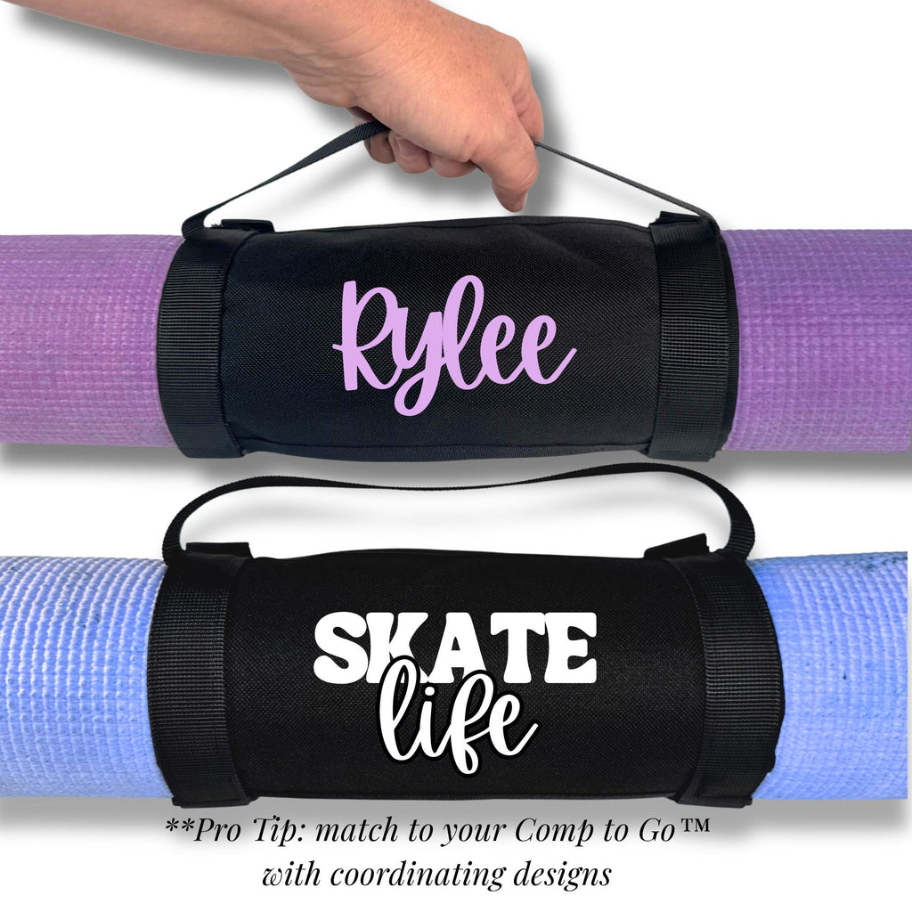 Black canvas mat holder bag with pink name "Rylee" on purple yoga mat and black bag with white "Skate Life" text on blue.
