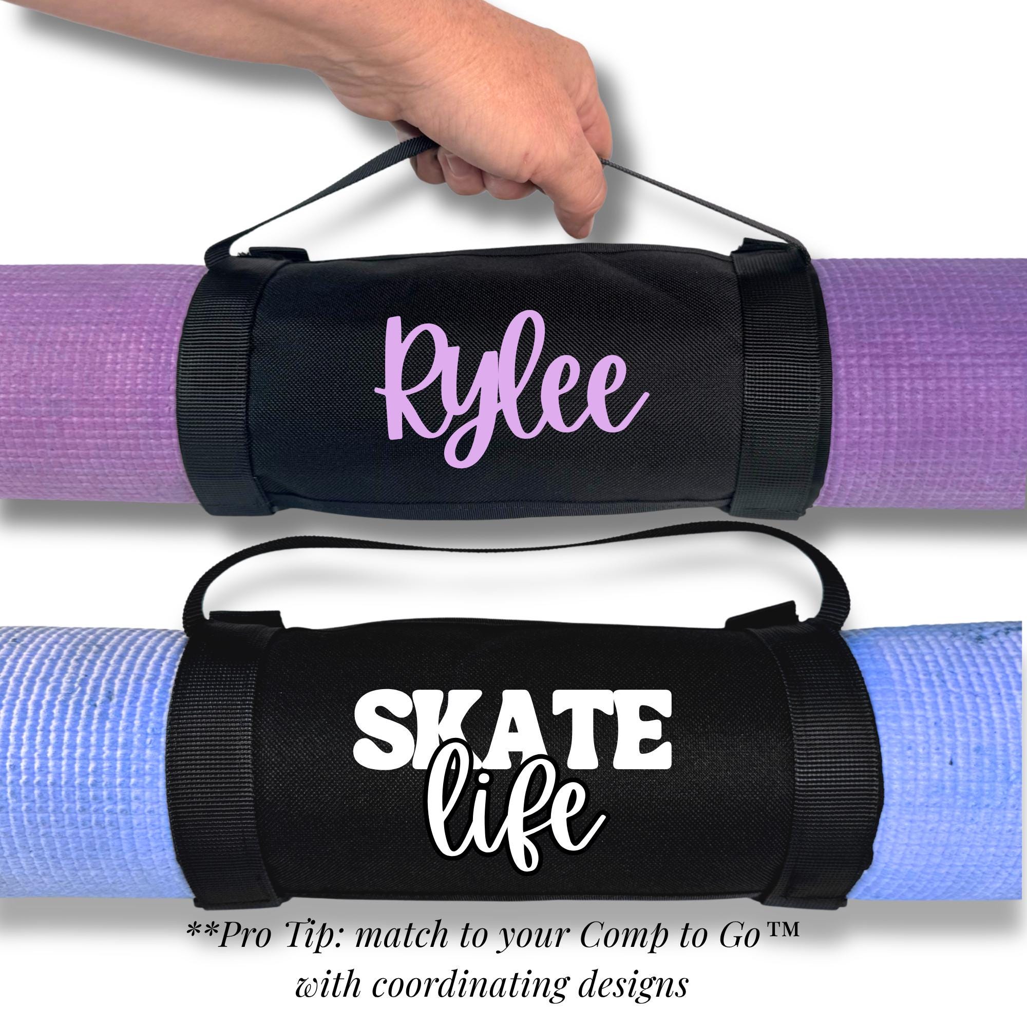 Black canvas mat holder bag with pink name "Rylee" on purple yoga mat and black bag with white "Skate Life" text on blue.