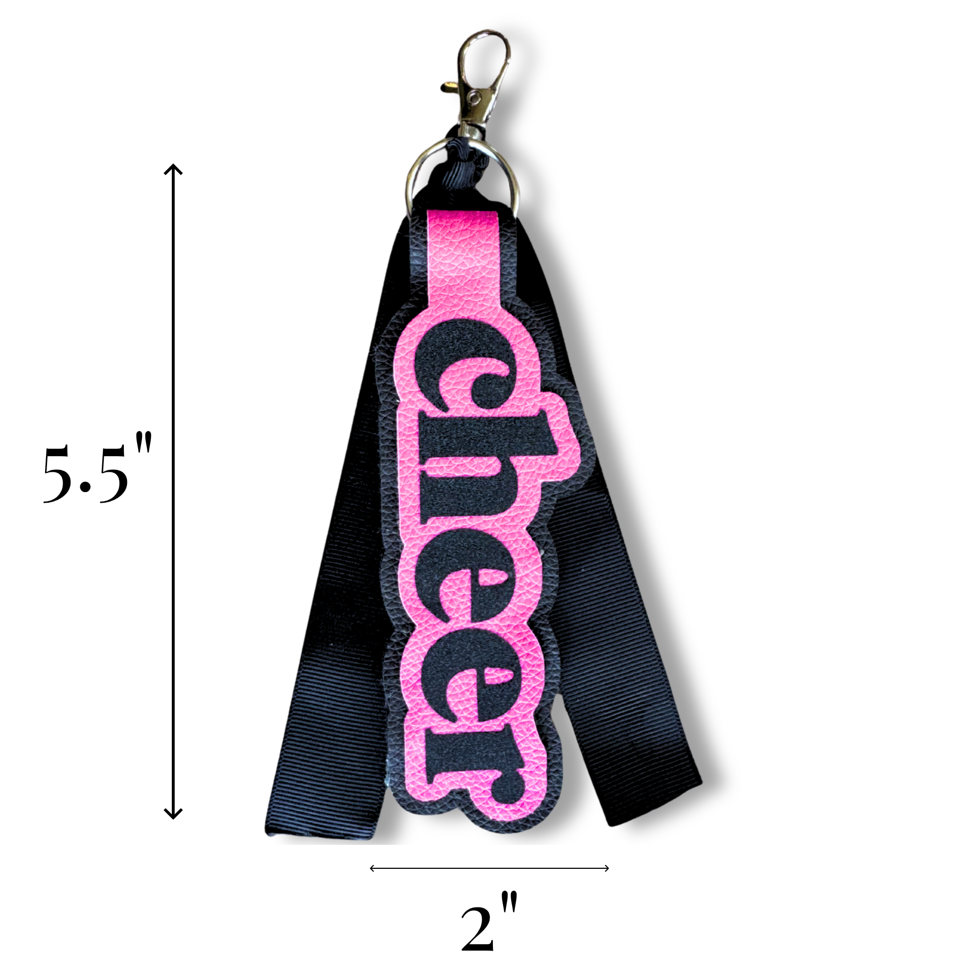 Black and pink cheer bag tag with glittery pink "cheer" text and silver clip, 5.5 by 2 inches.