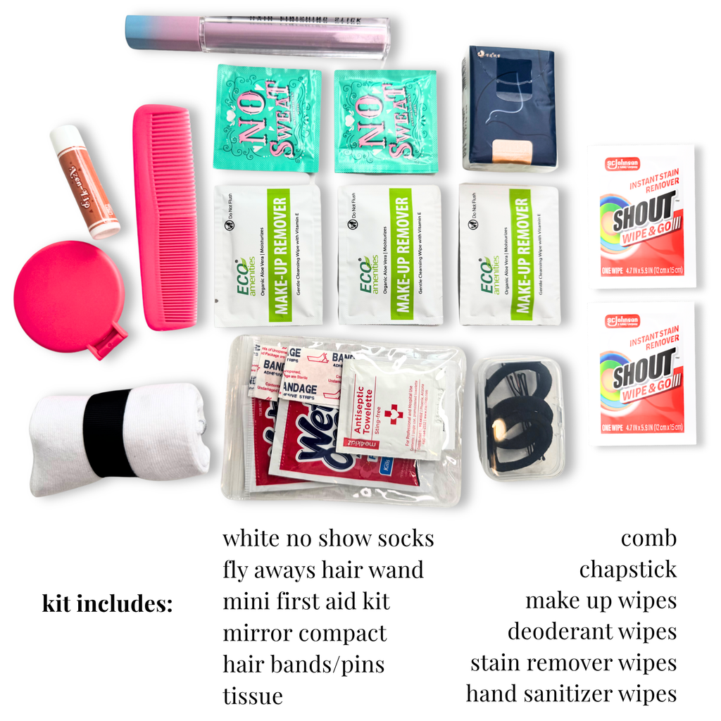 Cheer competition emergency kit with white show socks, lip balm, comb, mirror compact, hair bands, and deodorant wipes in a.