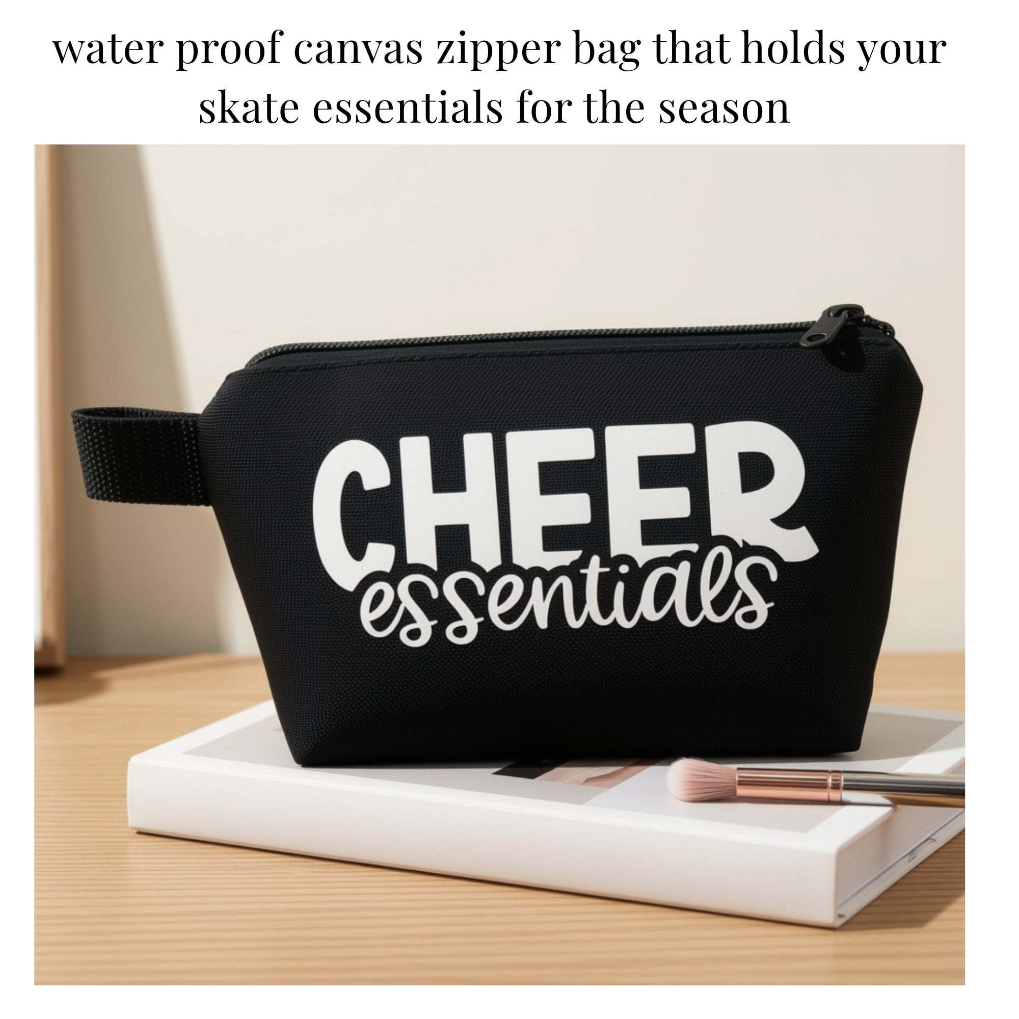 Black waterproof canvas zippered bag with Cheer Essentials logo, perfect for skate or competition uniform storage.