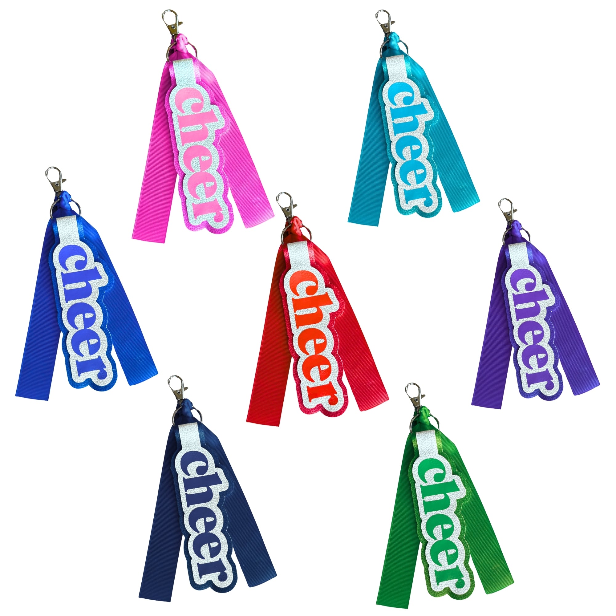 Colorful cheer bag tags with matching ribbons in pink, turquoise, blue, red, purple, navy, and green, each featuring bold.