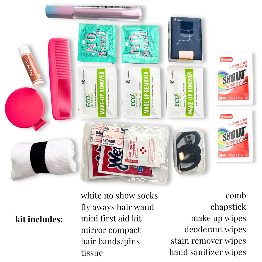 Cheer competition emergency kit with white no-show socks, mini first aid, comb, chapstick, deodorant wipes, and mirror.