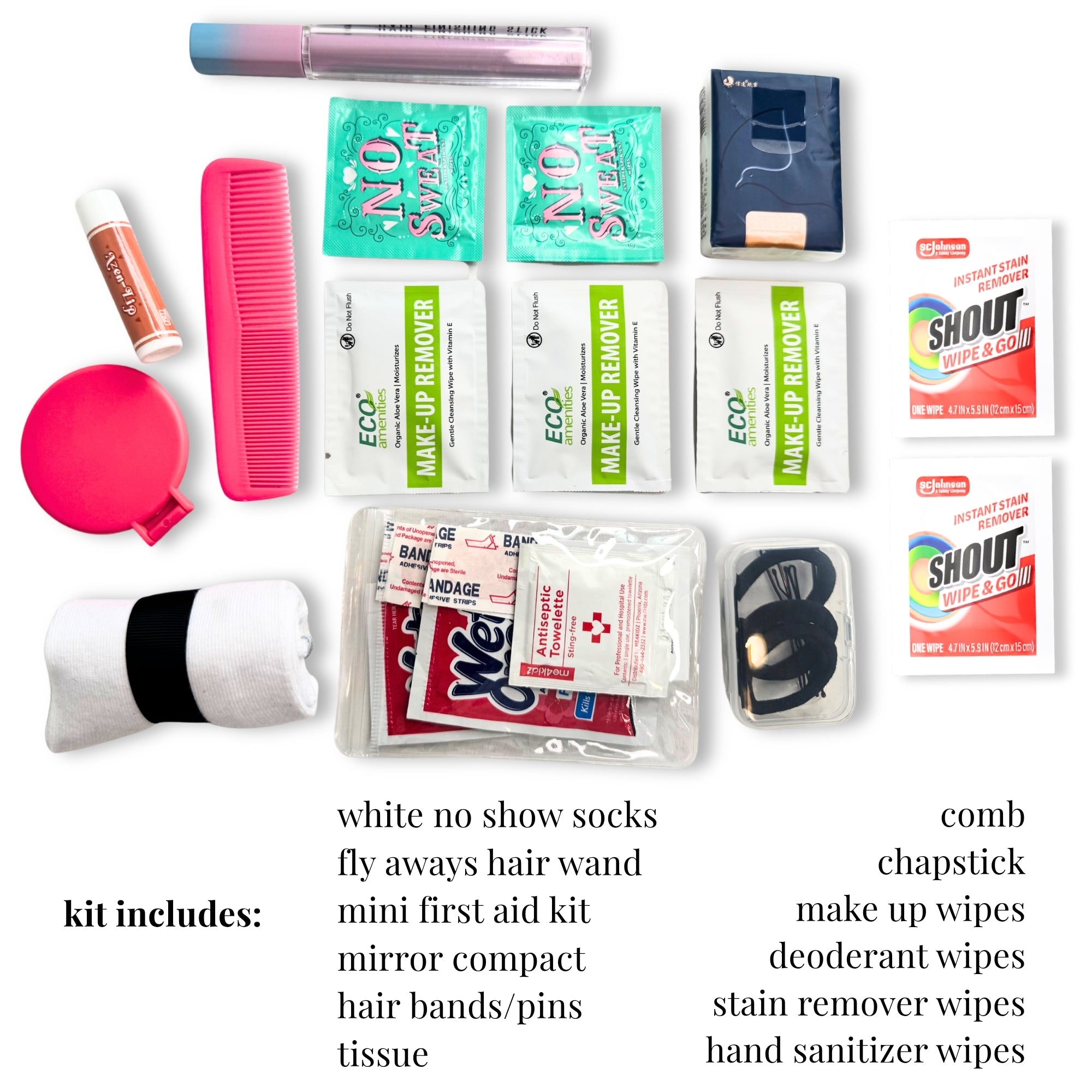 Cheer competition emergency kit with white no-show socks, mini first aid, comb, chapstick, deodorant wipes, and mirror.