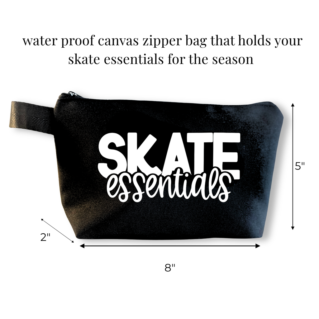 Black waterproof canvas zipper bag with white "Skate essentials" text, 8"x5" compact cheer and skate gear pouch.