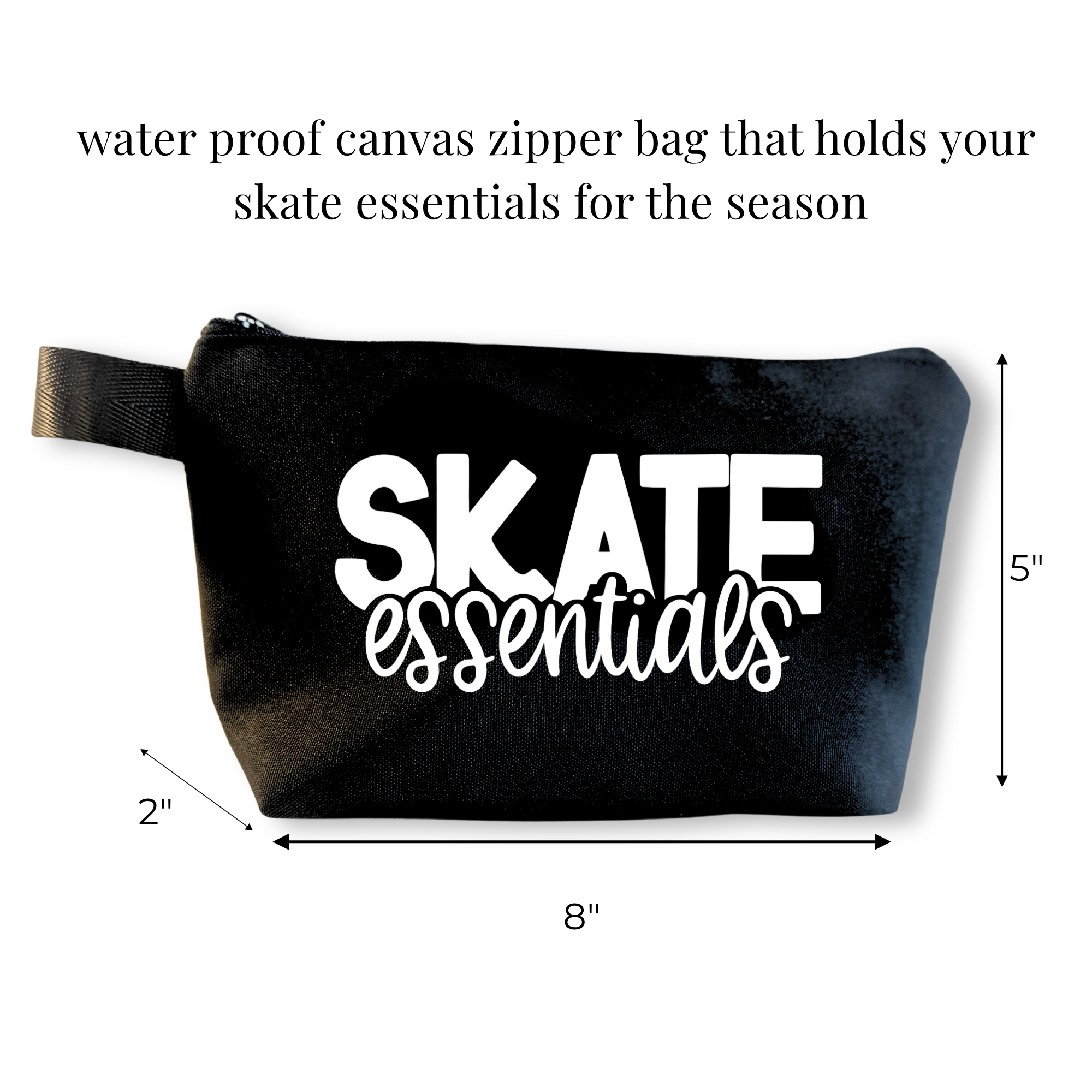 Black waterproof canvas zipper bag with white "Skate essentials" text, 8"x5" compact cheer and skate gear pouch.