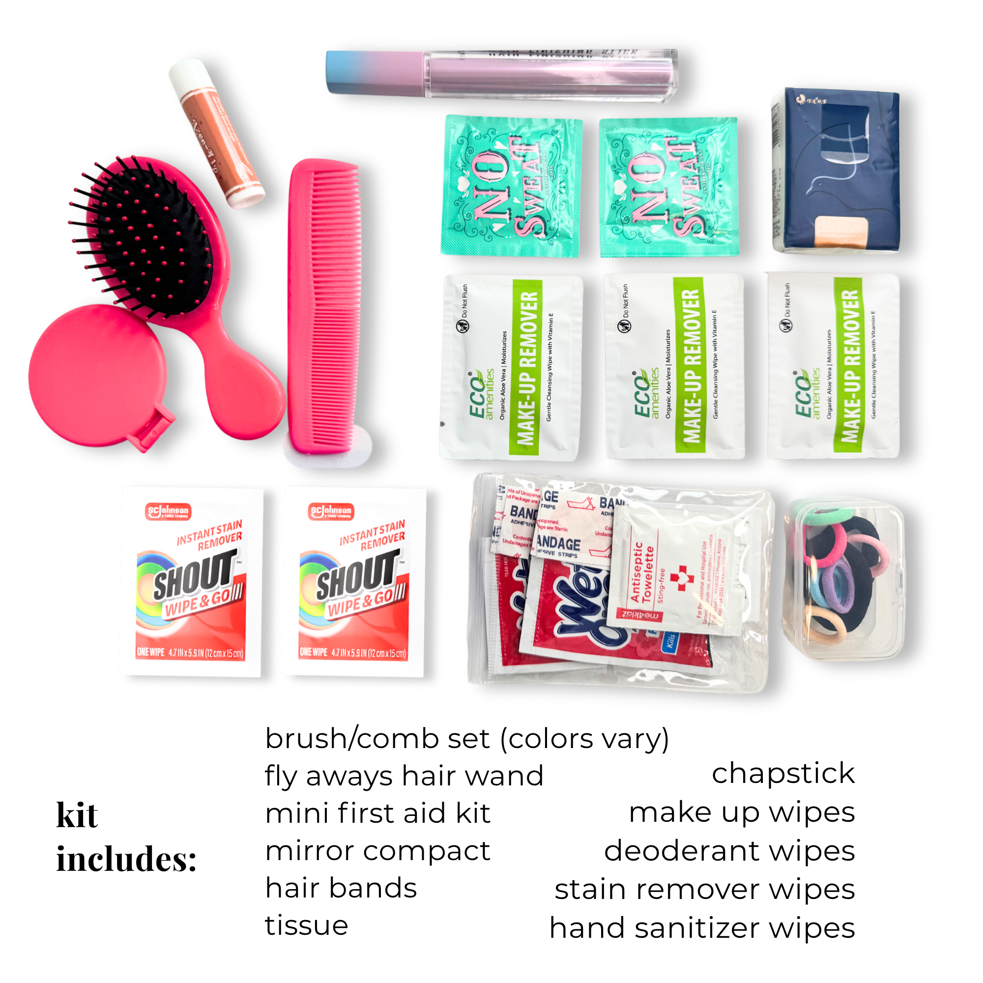 Cheer skate competition essentials kit with uniform care items, mini comb, brush, chapstick, and wipes in a compact bag.