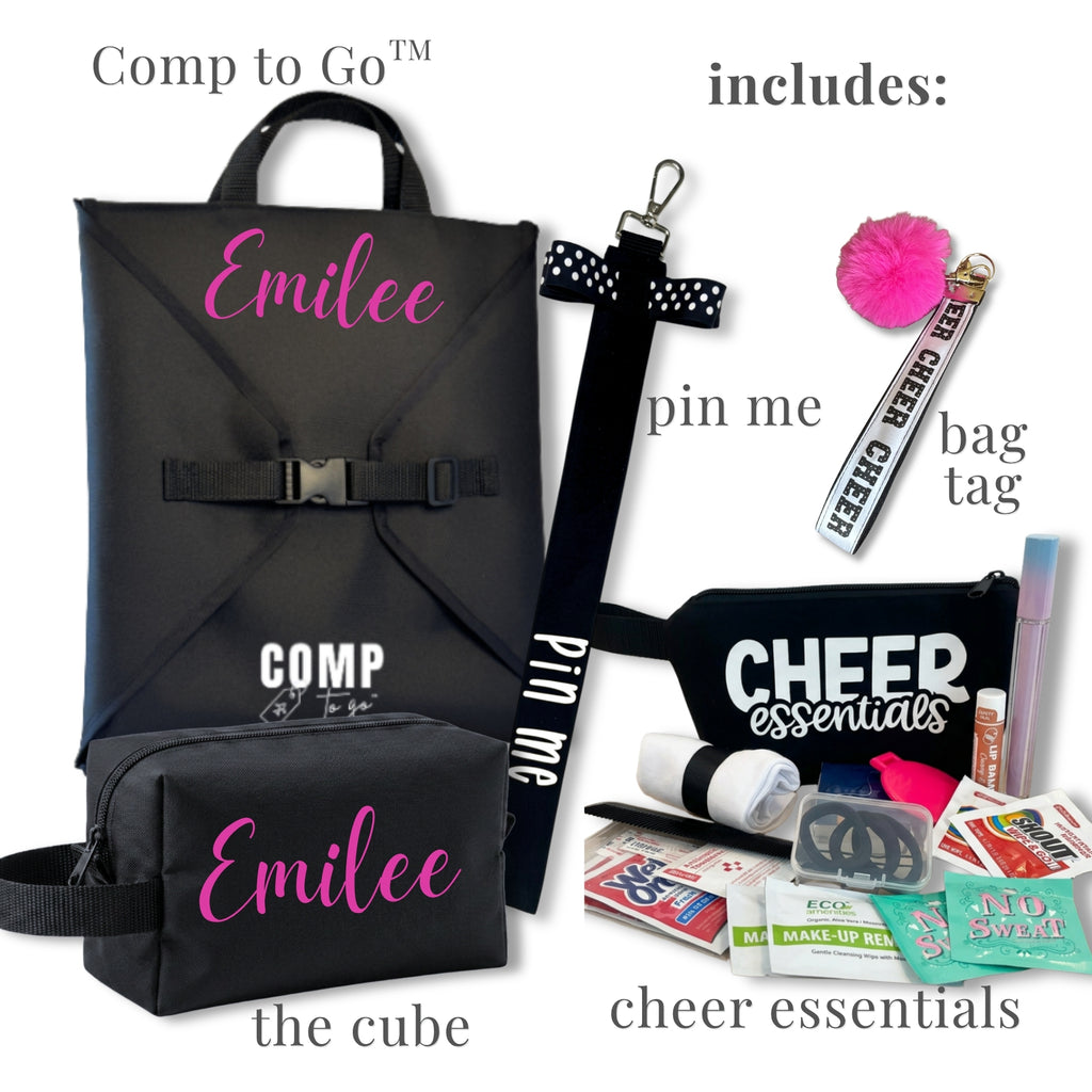 Black cheer competition bag and matching pouch with pink name, black bow, and cheer essentials kit including bag tag and.