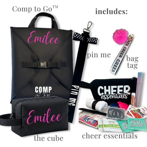 Black cheer competition bag and matching pouch with pink name, black bow, and cheer essentials kit including bag tag and.