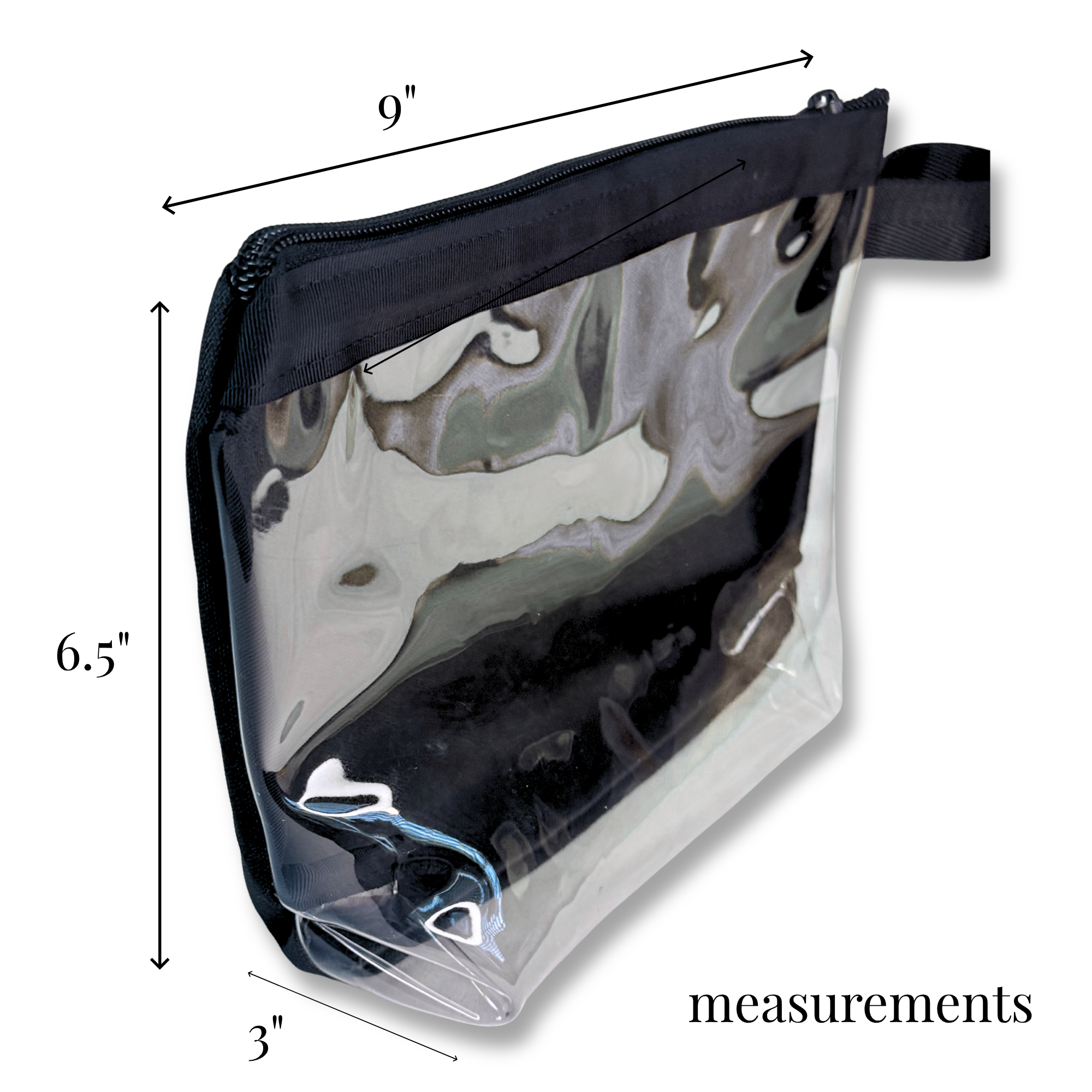 Clear rectangular bag with black top zipper, handle, and 9x6.5x3-inch dimensions for cheer and skate uniform storage.