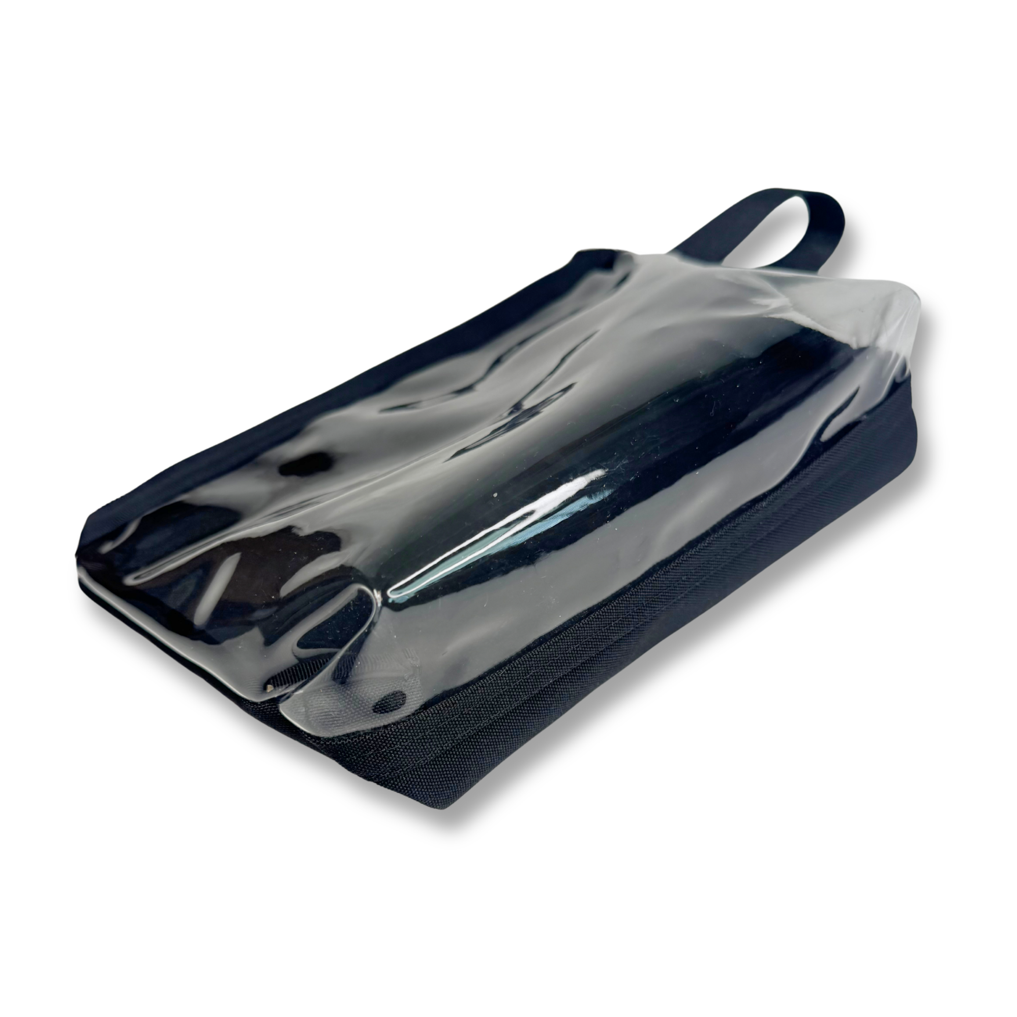 Clear cheer and skate competition bag with navy blue trim and handle, compact design.