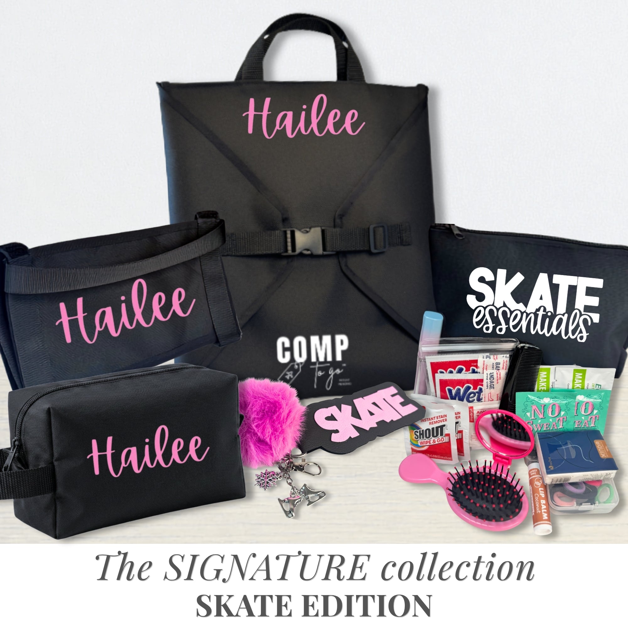 Black skate bag set with pink personalized name, includes bag with buckle, smaller pouch, and skate accessories kit.