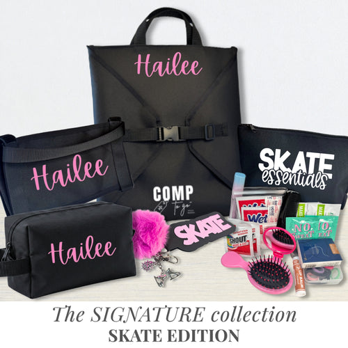 Black skate bag set with pink personalized name, includes bag with buckle, smaller pouch, and skate accessories kit.