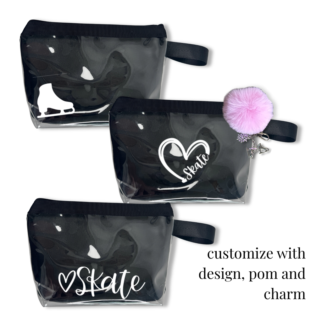 Clear black-trimmed rectangular cheer bag with black handle, customizable with pom, charm, and skate-themed design.