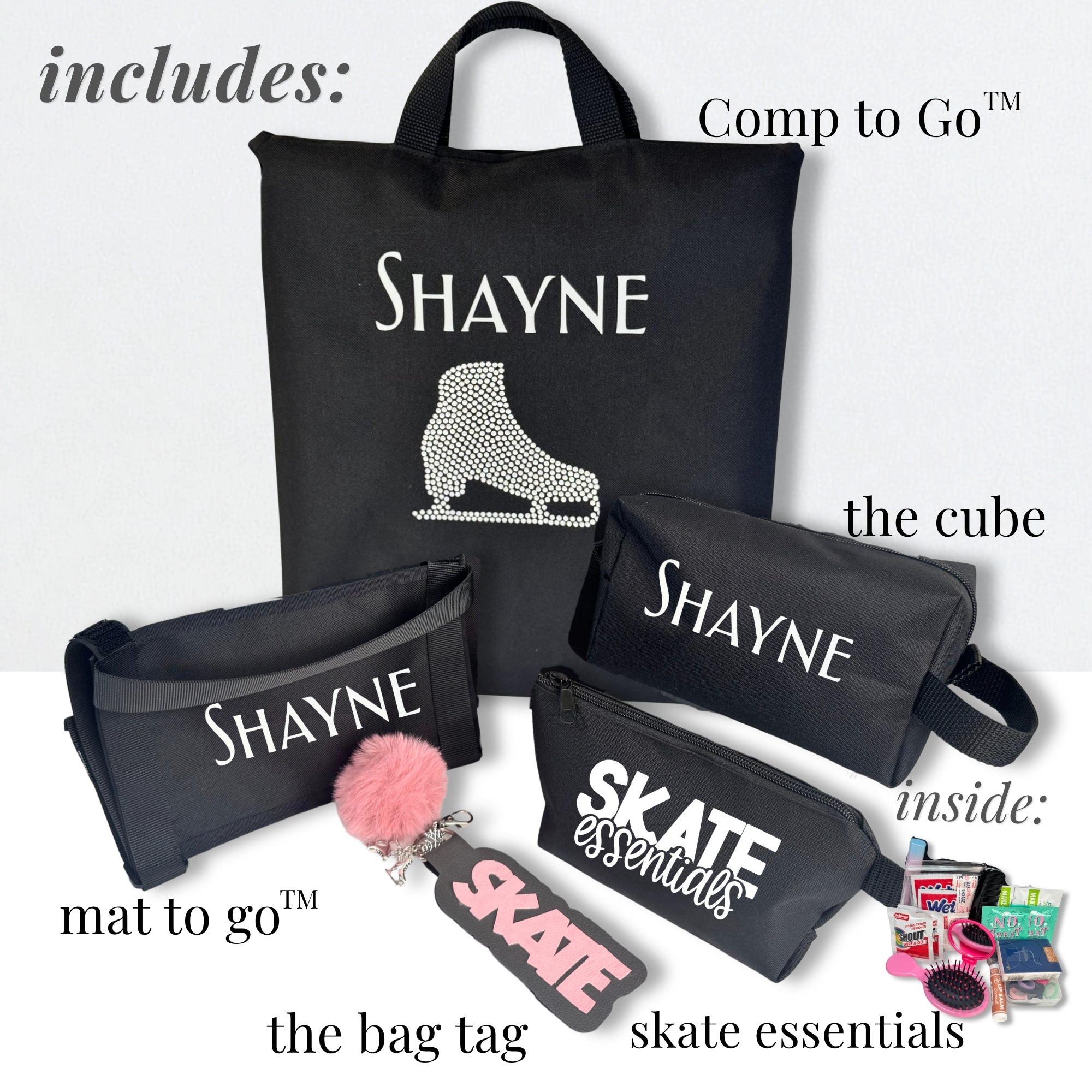 Black figure skating bag set with white skate graphic and personalized name Shayne, includes tote, pouch, and accessories.