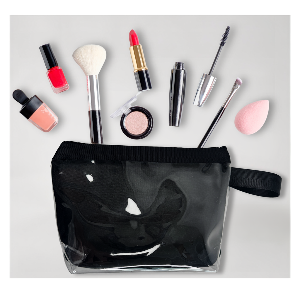 Clear black-trimmed cheer and skate competition makeup bag with handle and zipper closure.