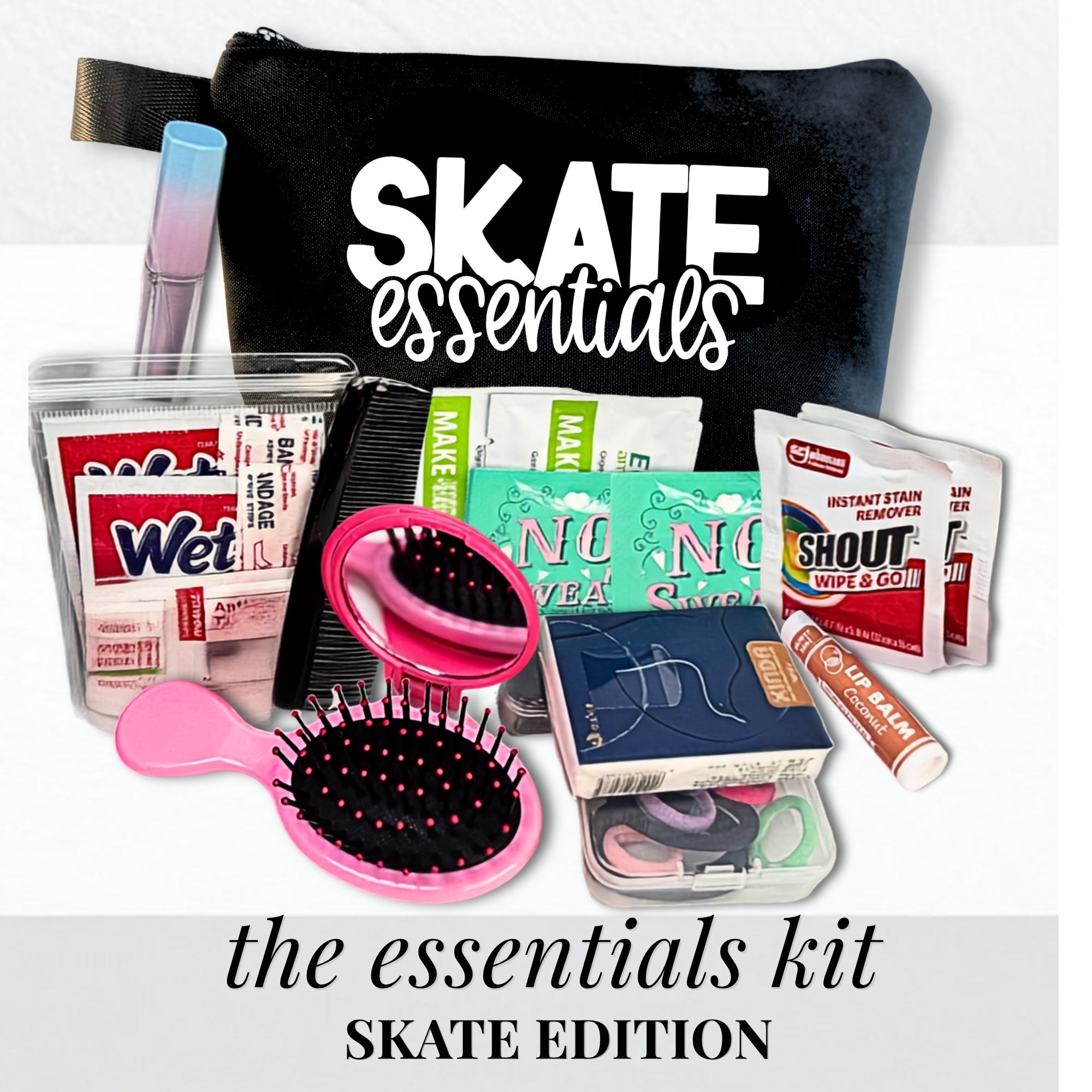 Black zippered pouch with "SKATE essentials" in bold white font, containing skincare wipes, lip balm, tissues, throat.
