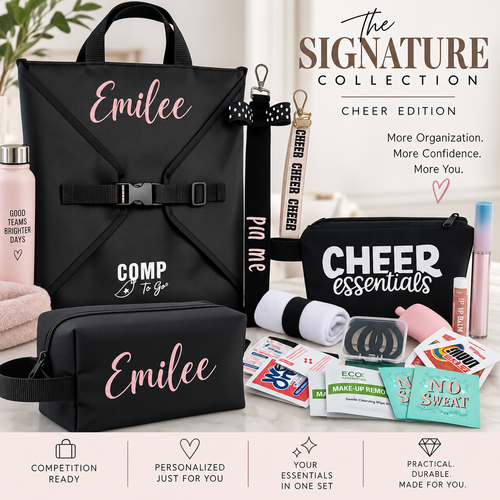 Black structured cheer backpack with personalized name and "COMP to go" text, matching black toiletry bag with "Emilee," and