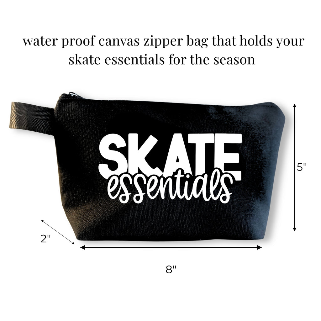 Black waterproof canvas zipper bag with white "Skate essentials" text, 8x5x2 inches.